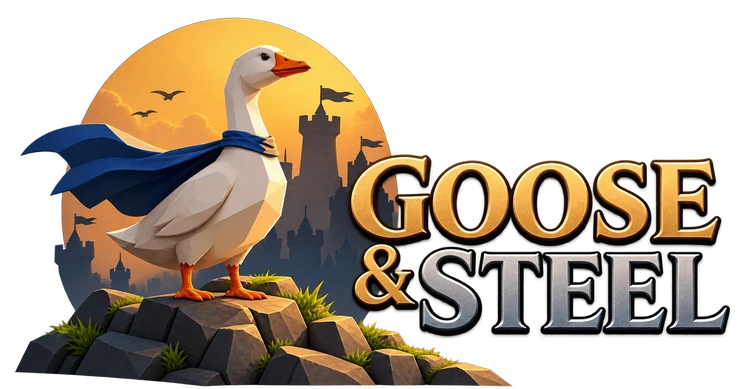 Goose & Steel — a cloaked goose standing on a rocky hill, with a golden sun and medieval castles behind it