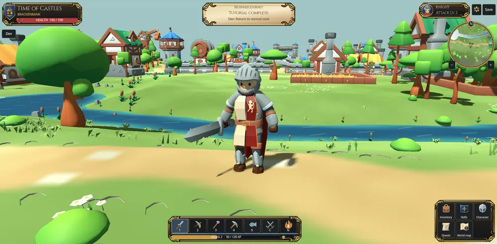 A knight with a sword and shield beside the river in an earlier Time of Castles development build.