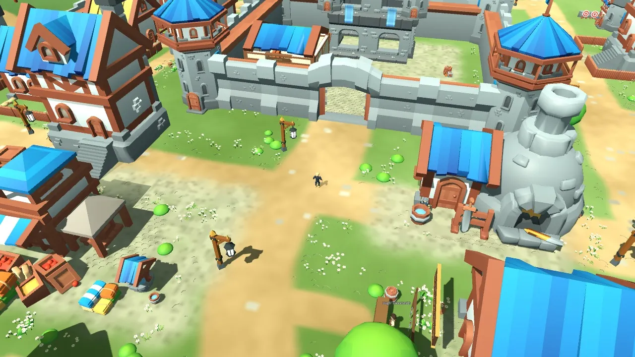 Development capture of Wildmere, with blue-roofed castle towers, a town forge and market square.