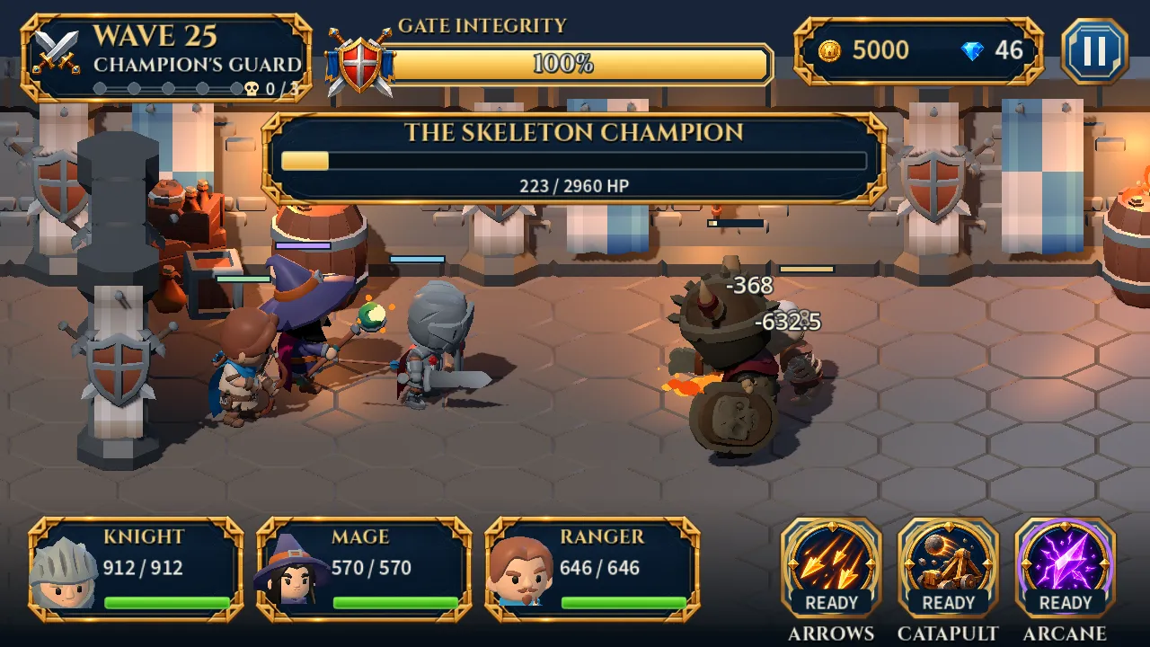 Actual Skeleton Siege development gameplay, showing the Knight, Mage and Ranger fighting the Skeleton Champion in the castle courtyard.
